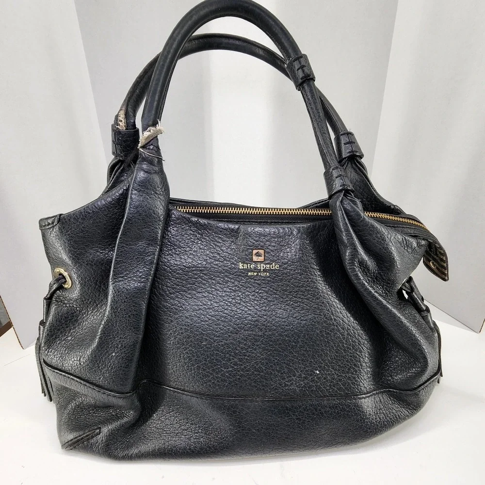 Kate Spade Black Leather Tassel Handbag Purse With Gold Tone Hardware EUC